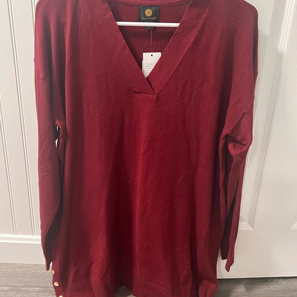 Red V-Neck Sweater with Gold Button Accents